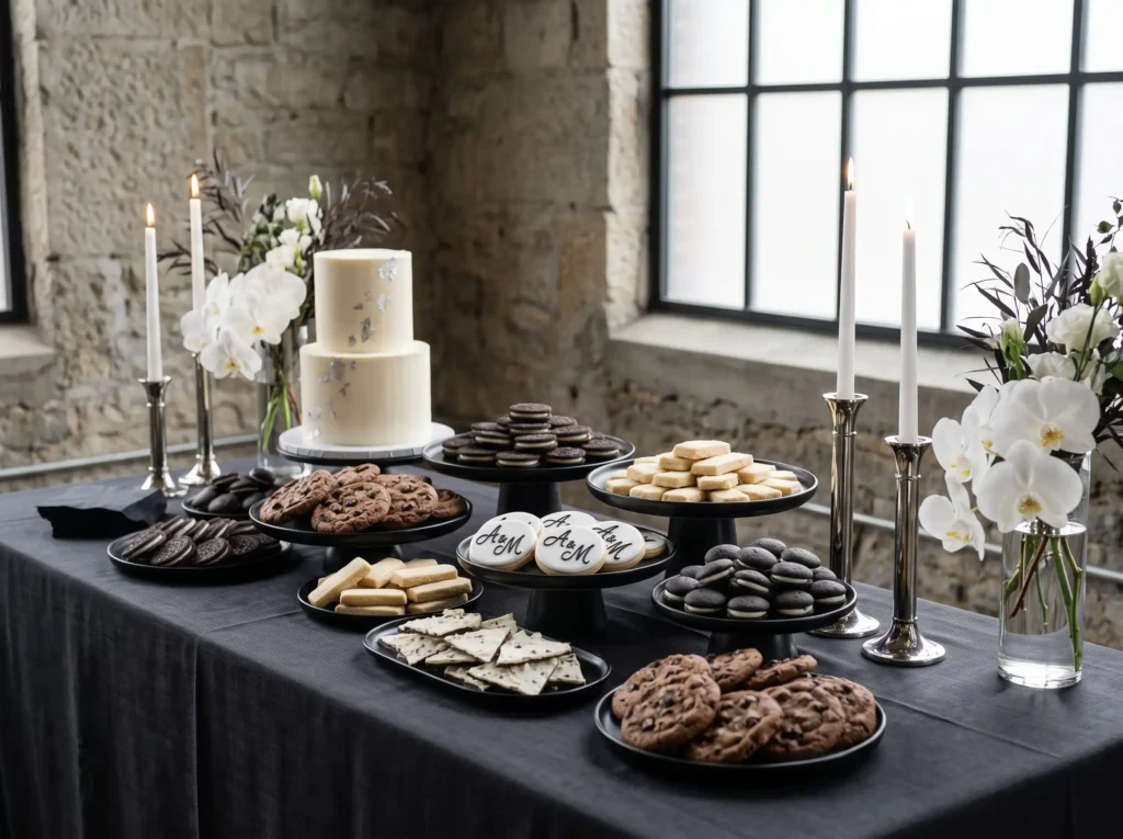 Monochrome wedding cookie table … K