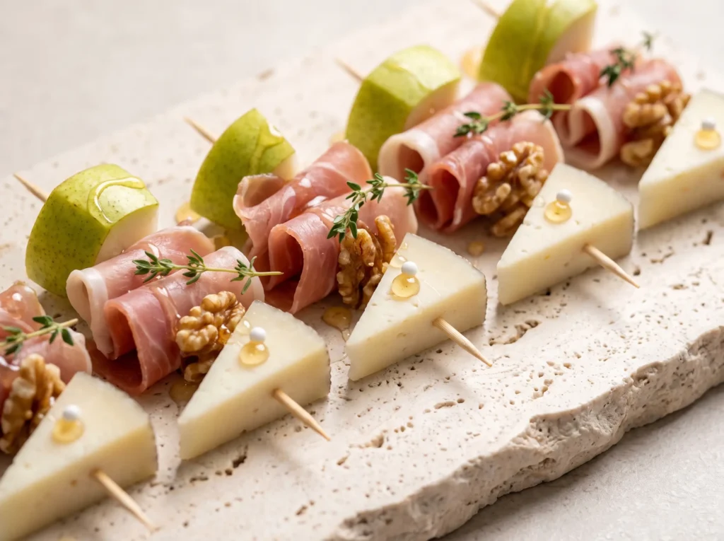 Pear and prosciutto skewers on K