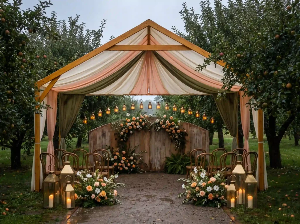 Orchard wedding ceremony setup K