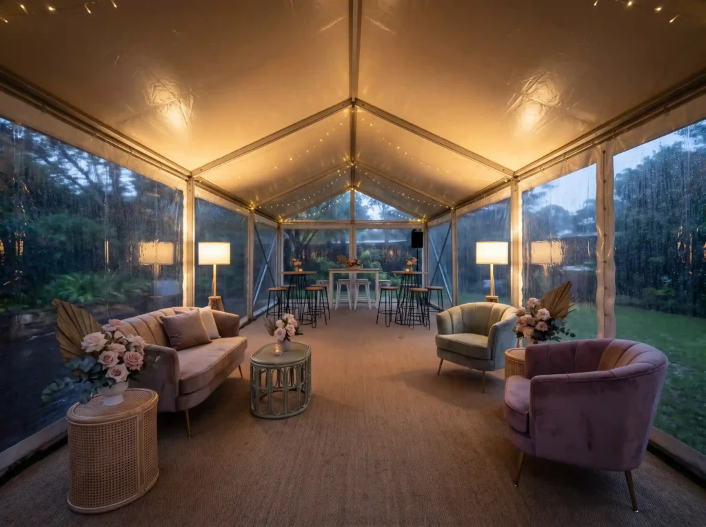 Rain lounge tent in backyard K