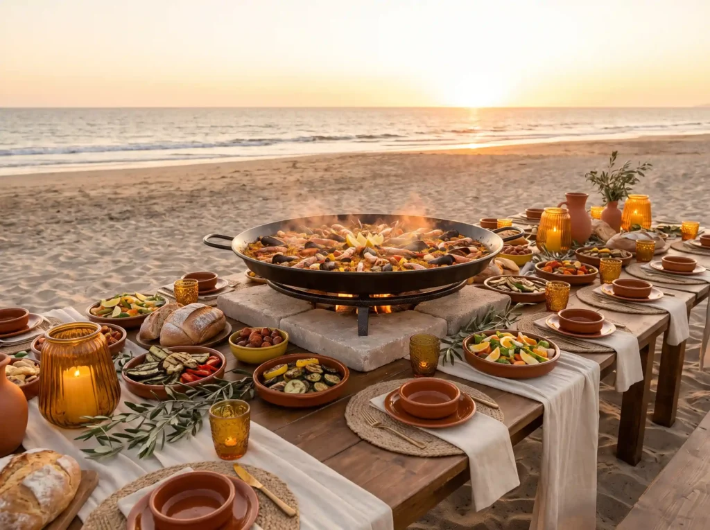 Seaside paella wedding dinner setup K