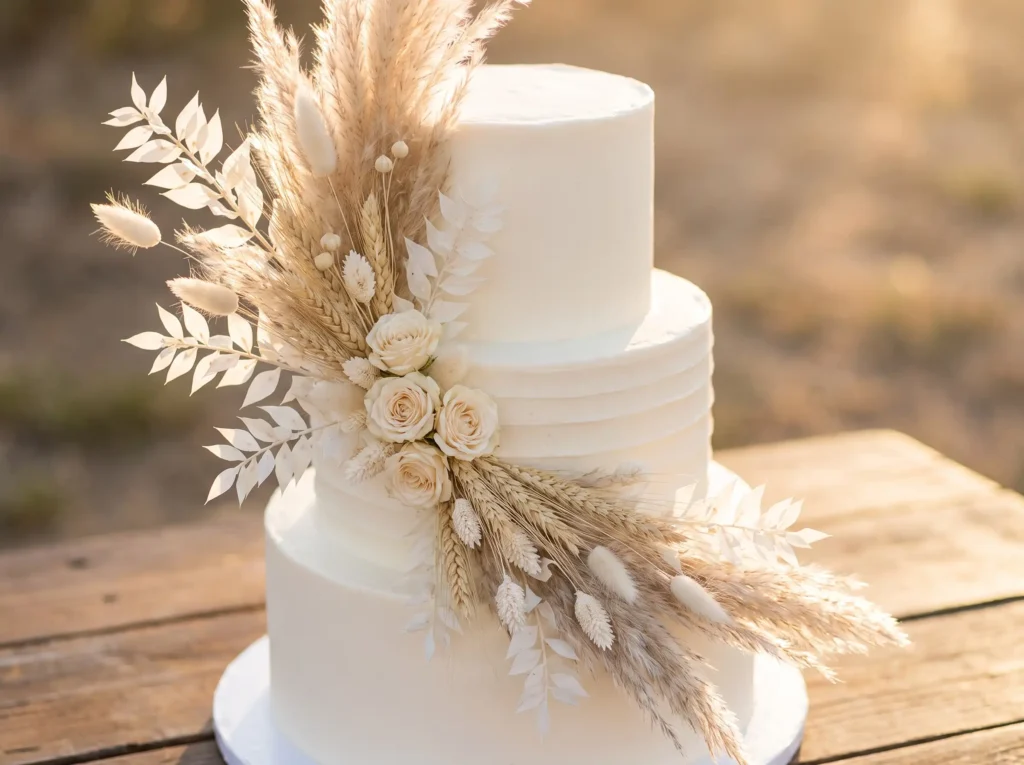 Three tier wedding cake with pampas K