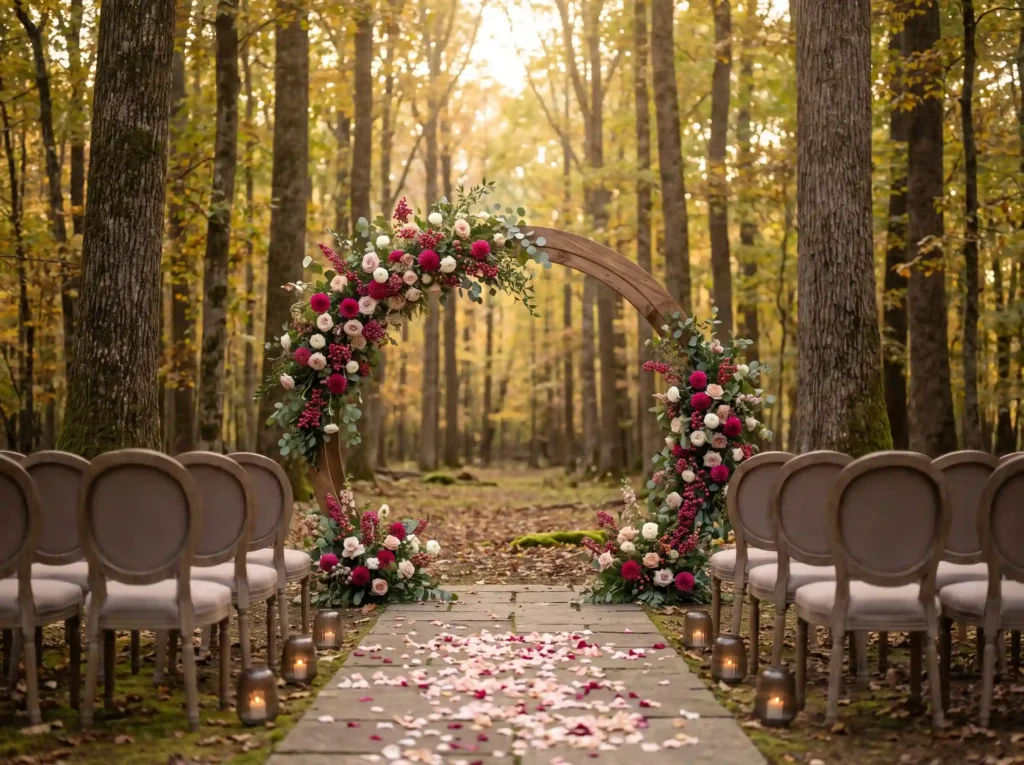 Woodland wedding ceremony floral… K