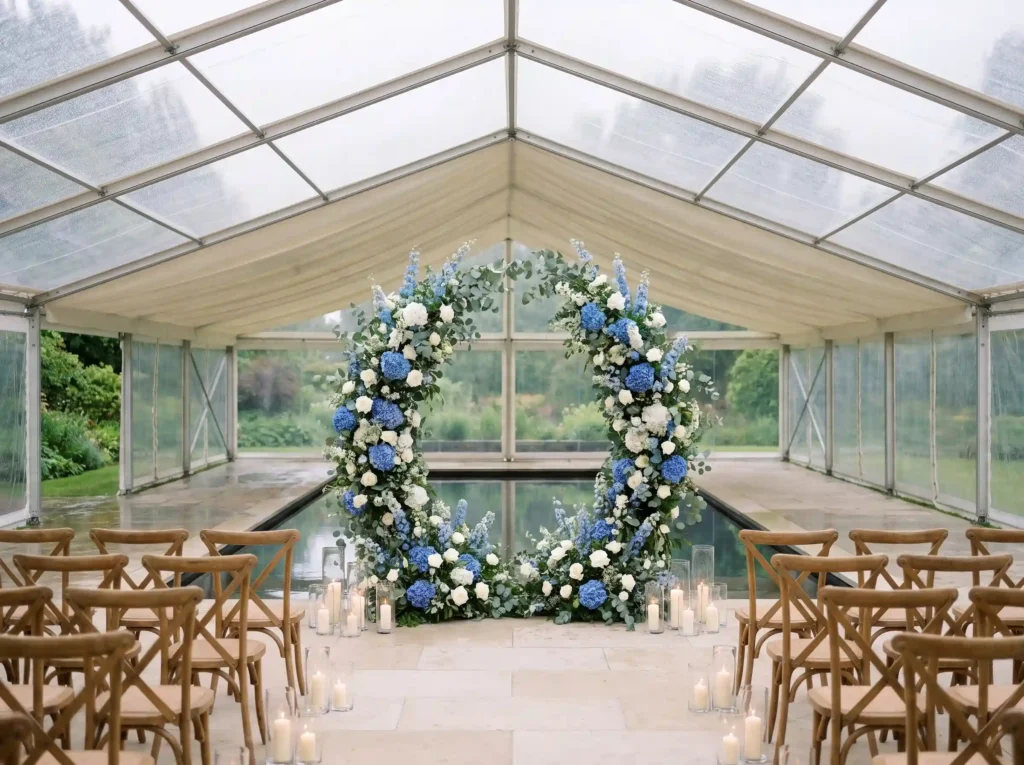 Blue garden wedding ceremony setup K
