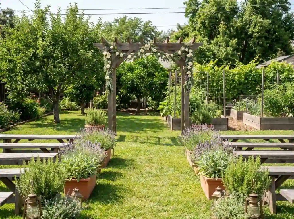 Herb garden wedding ceremony setup