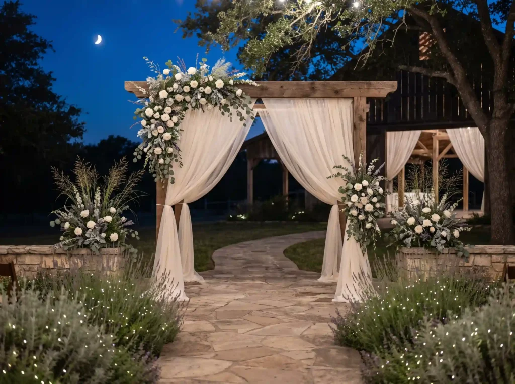 Moonlit barn wedding ceremony setup K