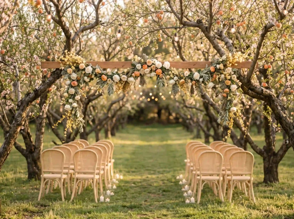 Orchard wedding ceremony setup K