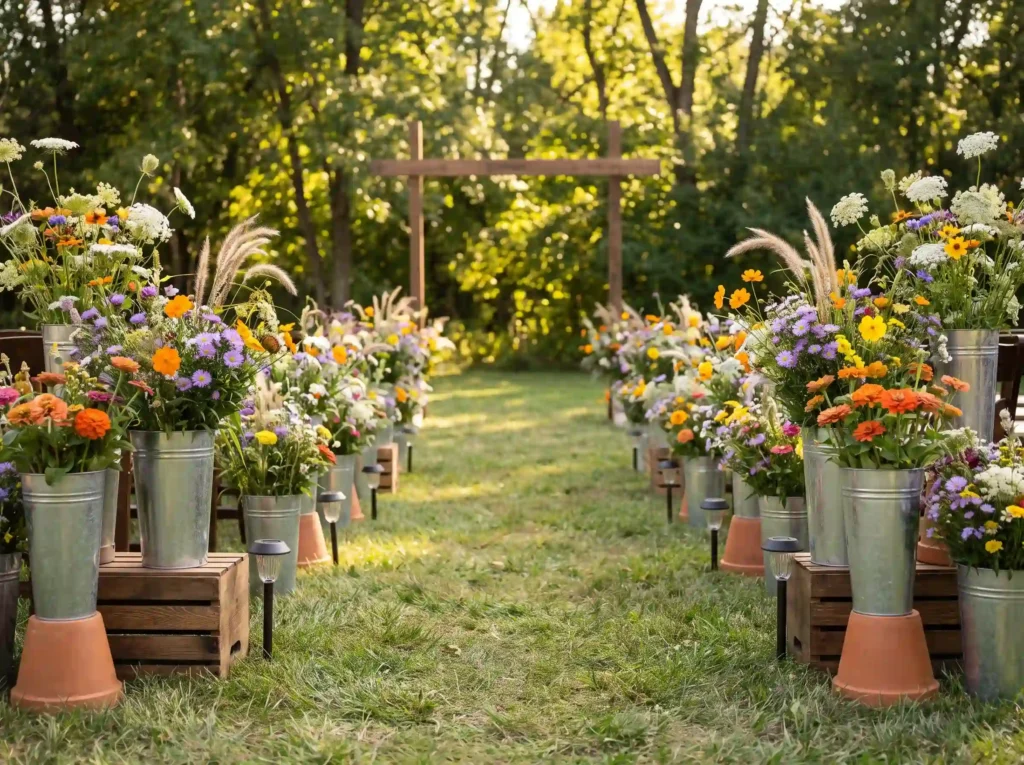Wildflower bucket wedding aisle … K