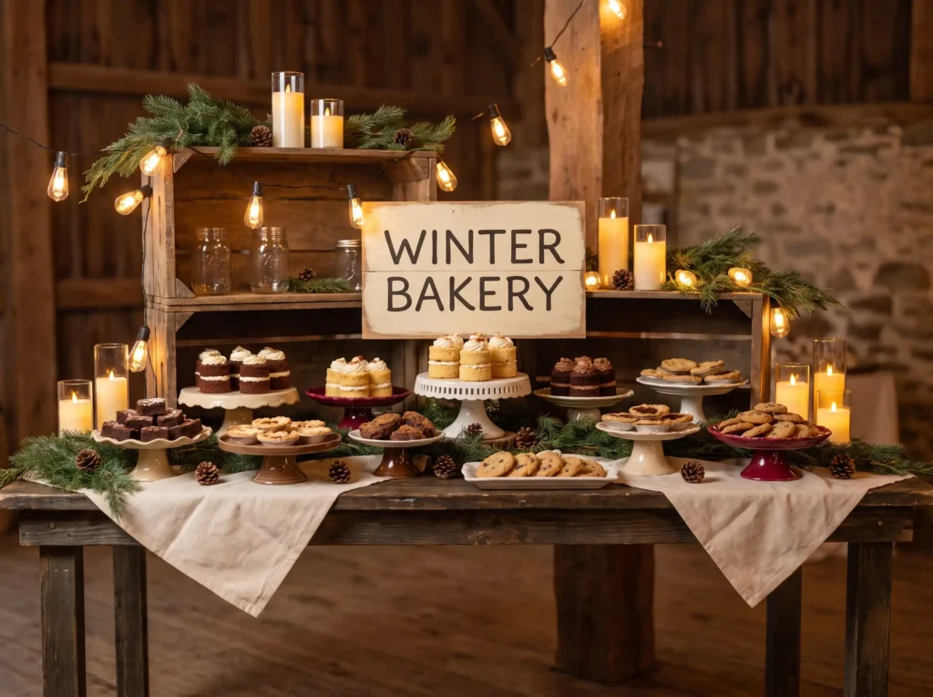 Winter cabin dessert table display K