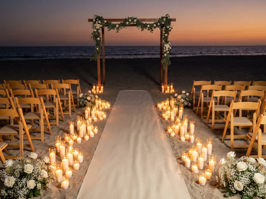 Candles line beach wedding ceremony K