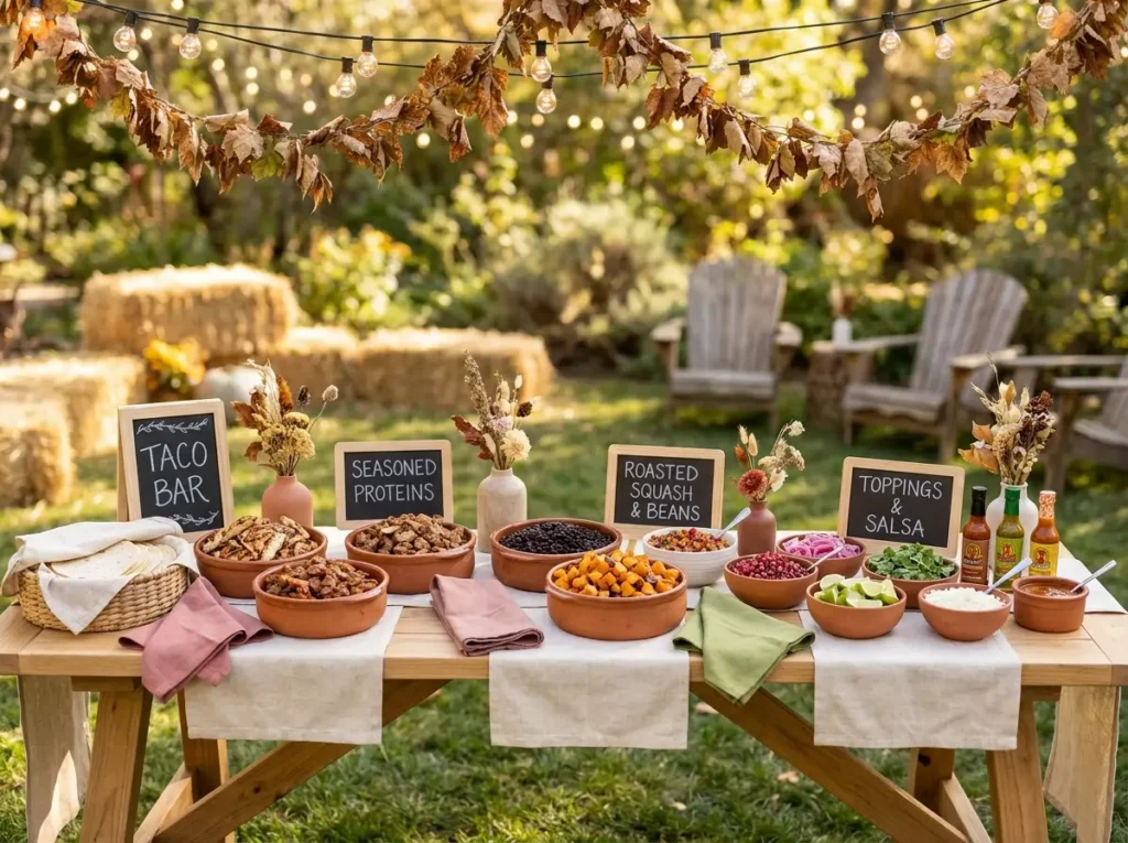 Outdoor fall wedding taco buffet