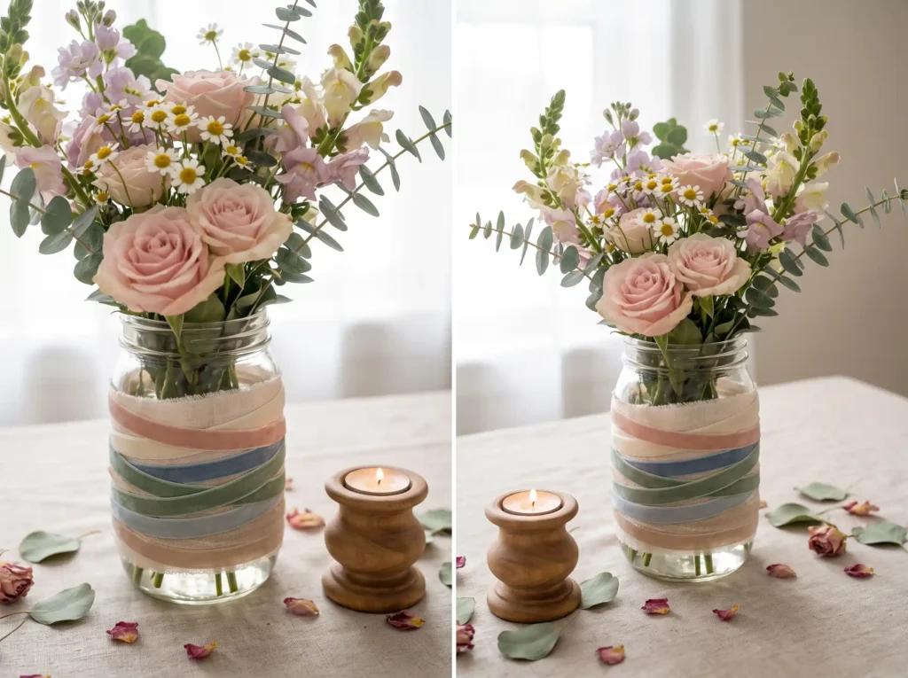 Ribbon wrapped wildflower jar ce… K