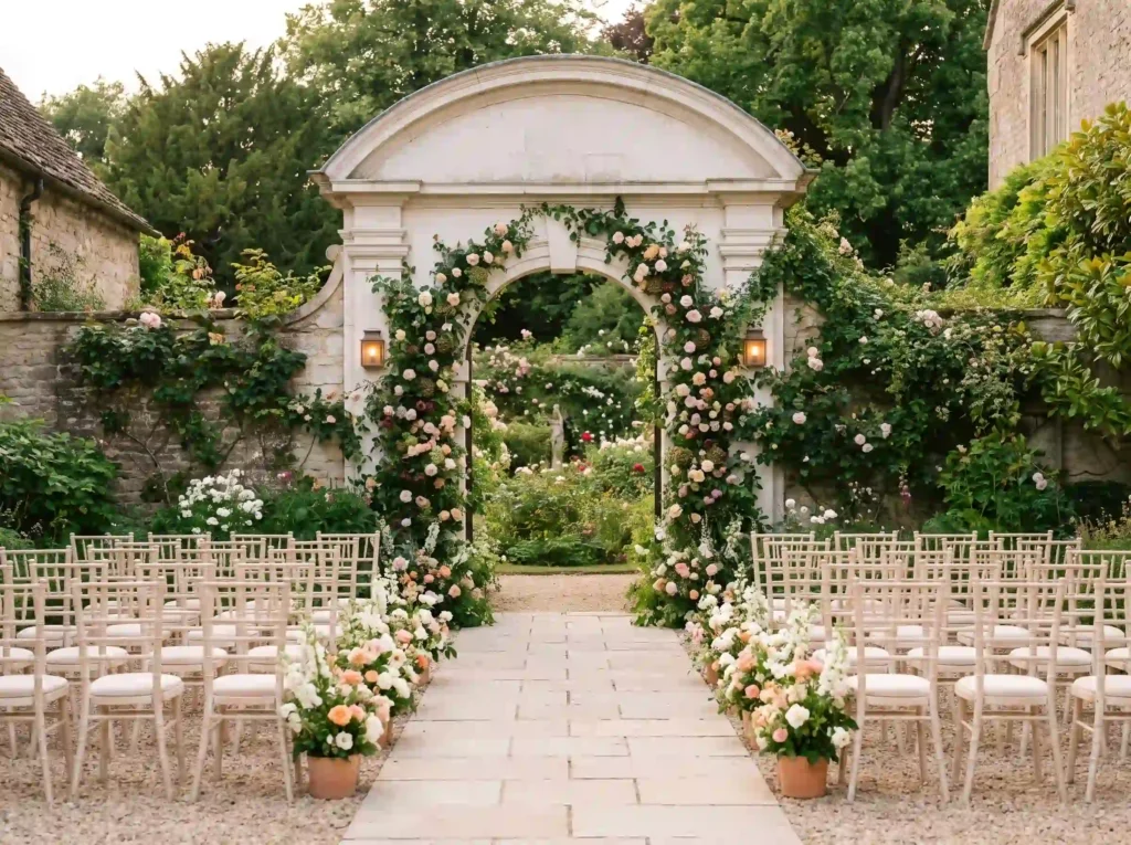 Rose garden wedding altar portal K