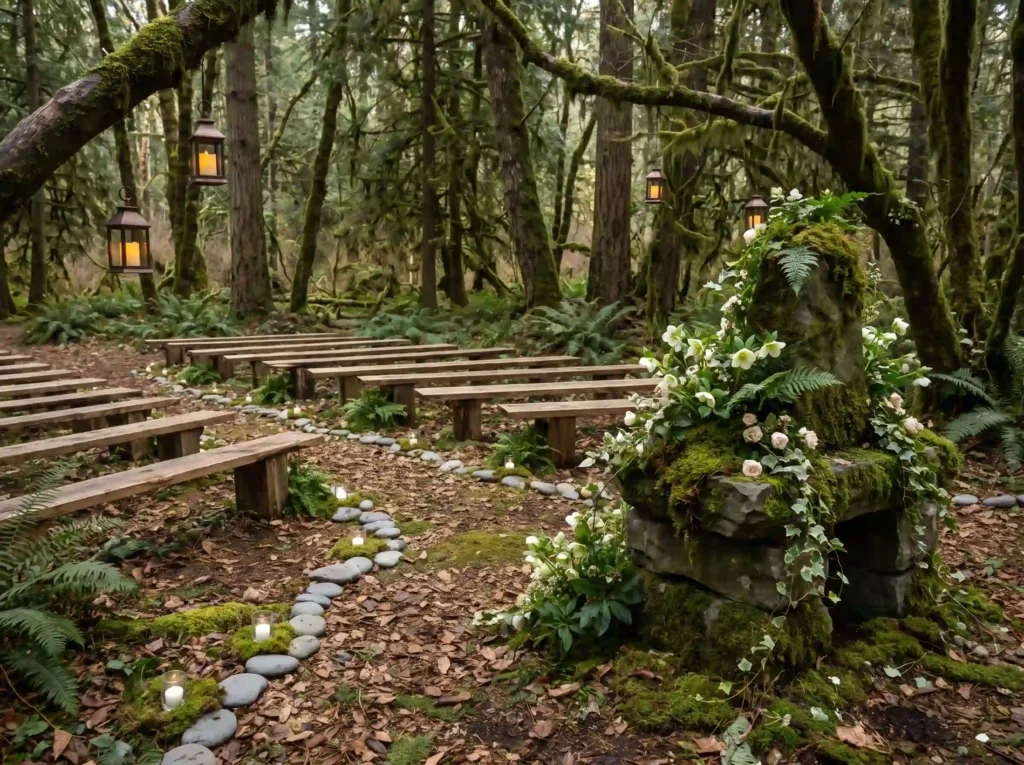 Woodland moss benches ceremony K