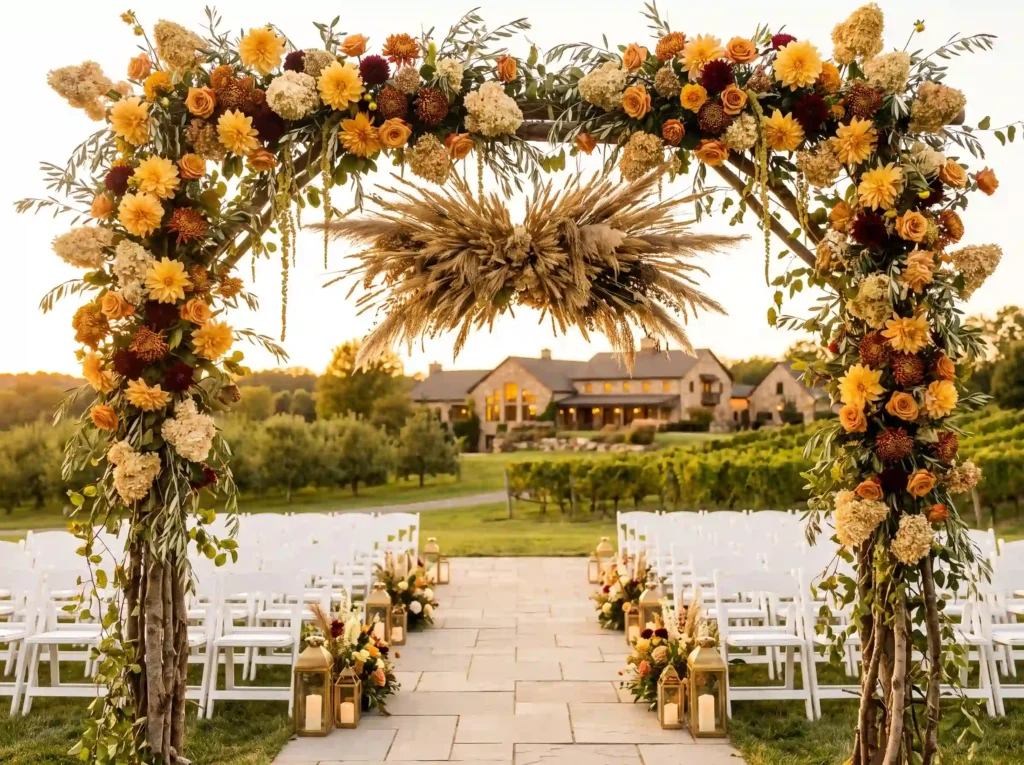 Fall wedding ceremony floral arch K