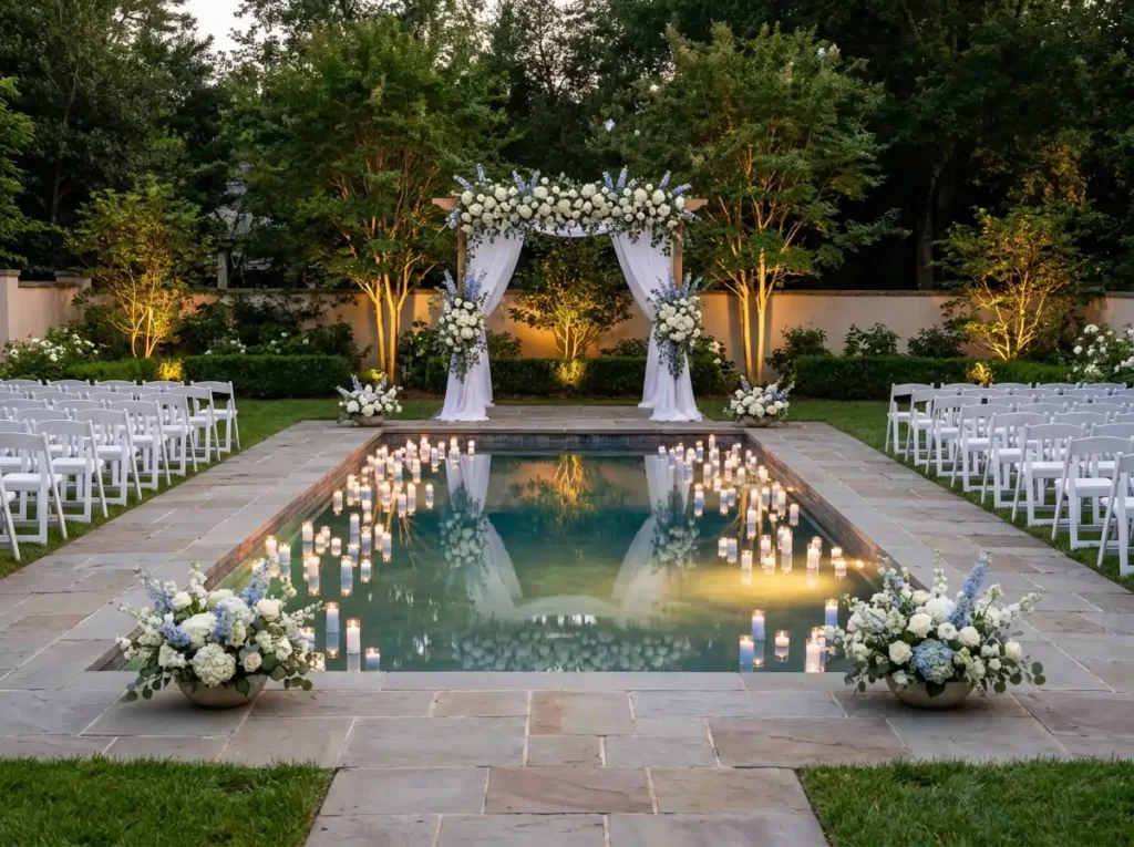 Poolside wedding ceremony setup