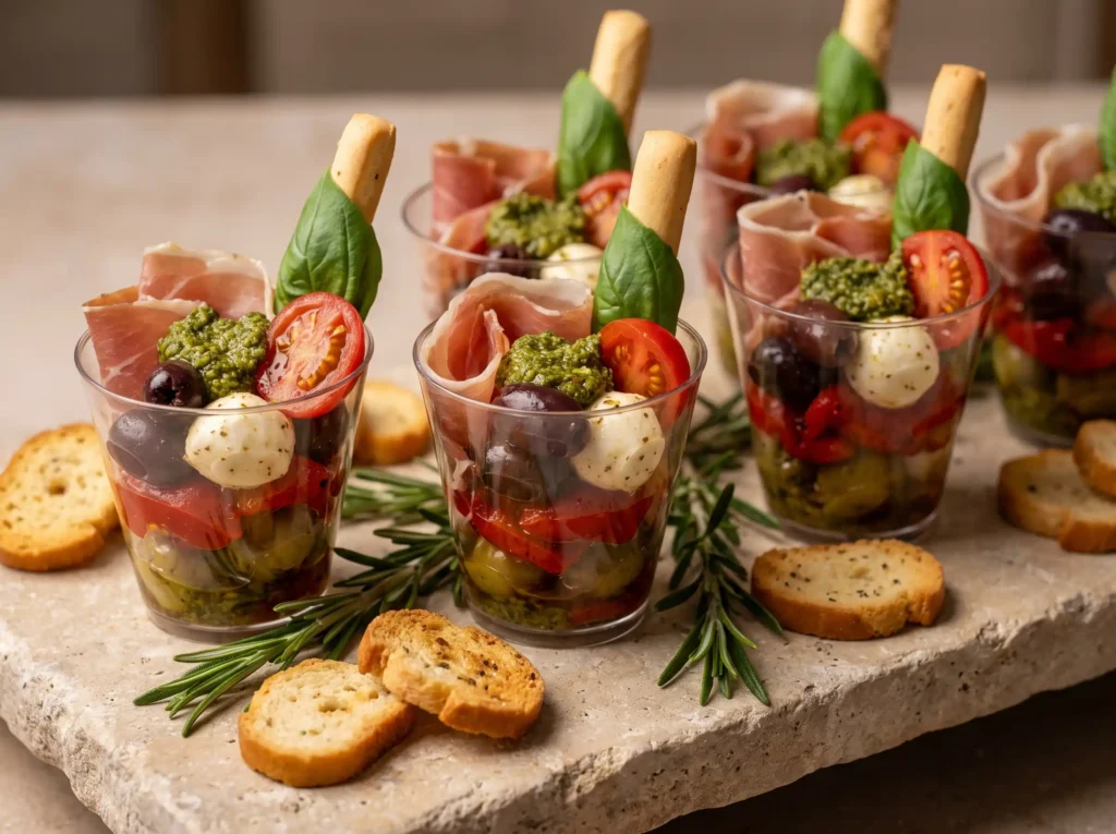 Antipasto cups on serving board K