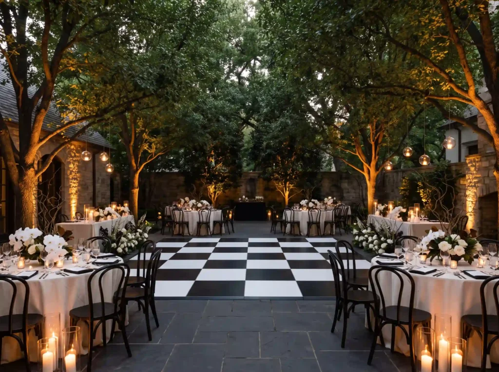 Backyard black tie reception setup K