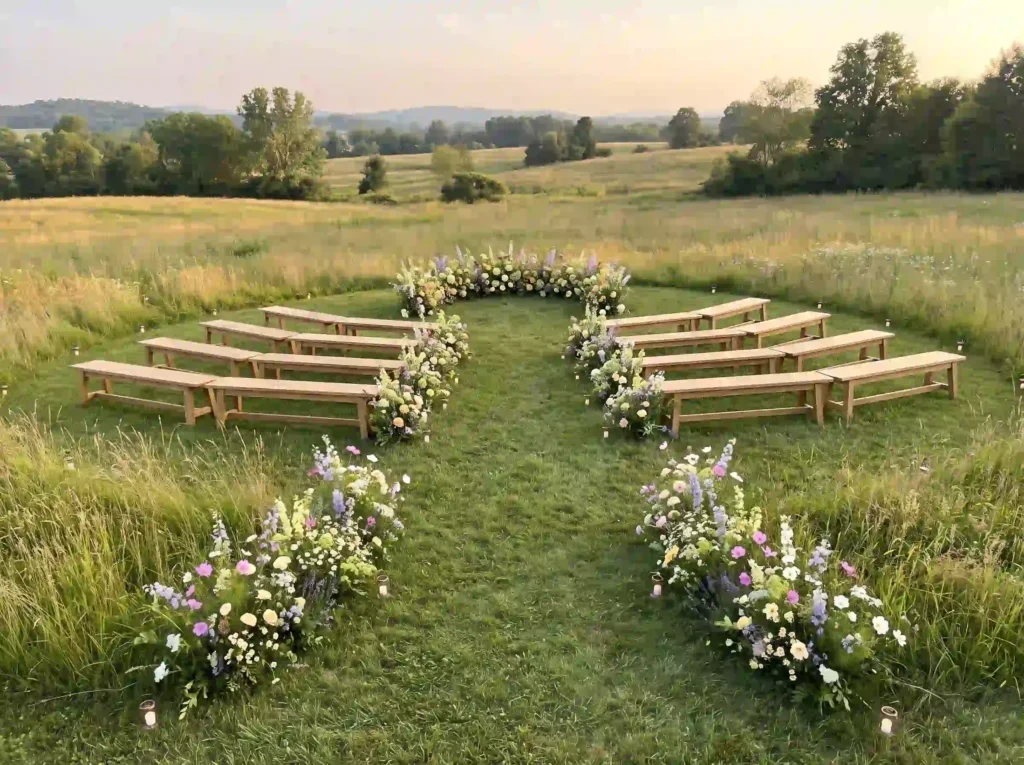 Curved meadow benches wedding setup K