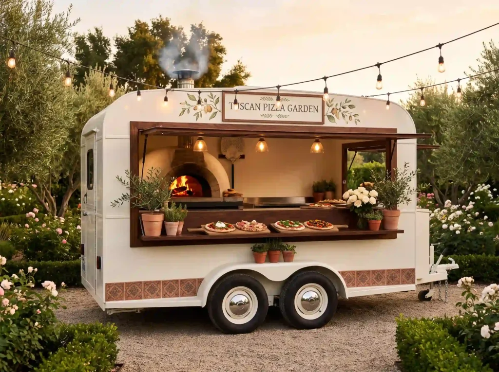 Pizza truck in garden K