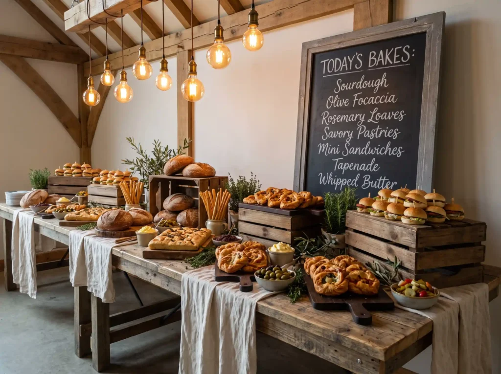 Rustic bakery buffet wedding setup K
