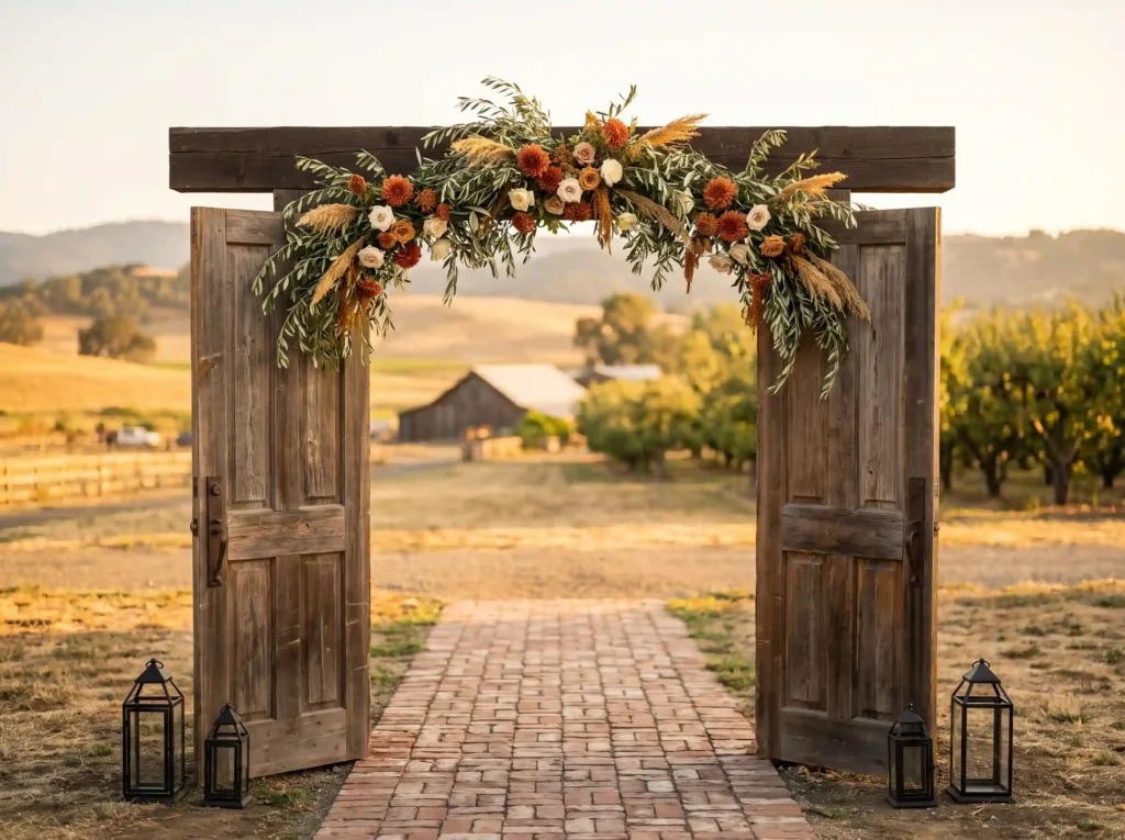 Rustic cedar doorway with floral… K