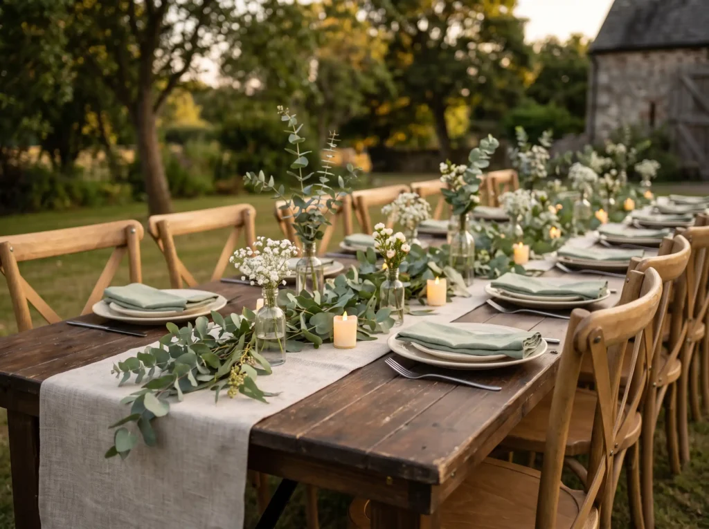 Sage eucalyptus linen table setup K