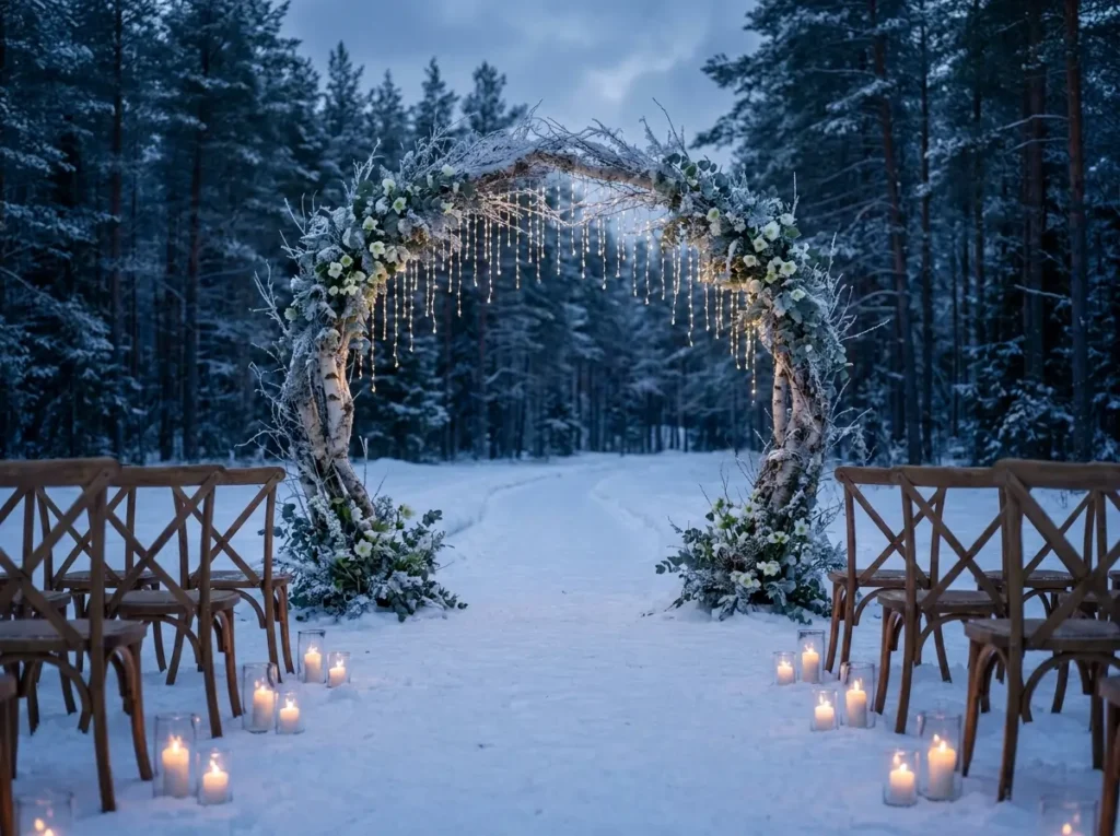 Snowy woodland wedding aisle