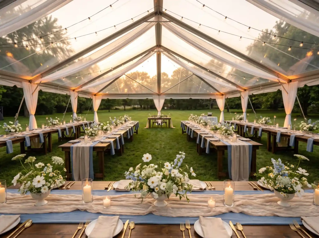 Tent wedding reception dinner setup K