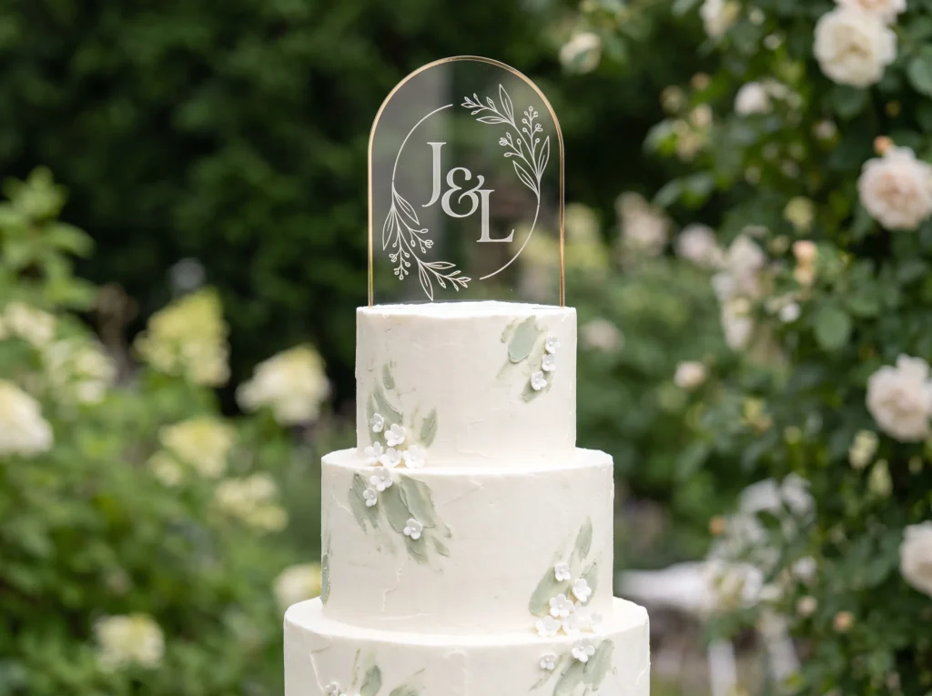 White cake with botanical monogram K