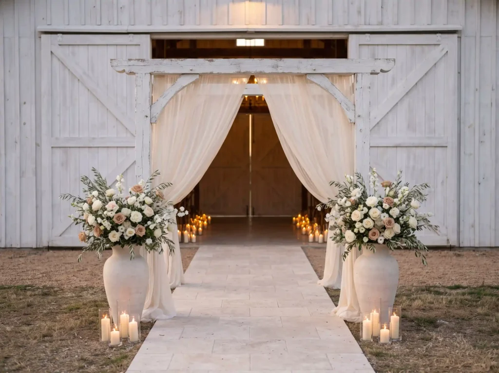 Whitewashed barn ceremony setting K