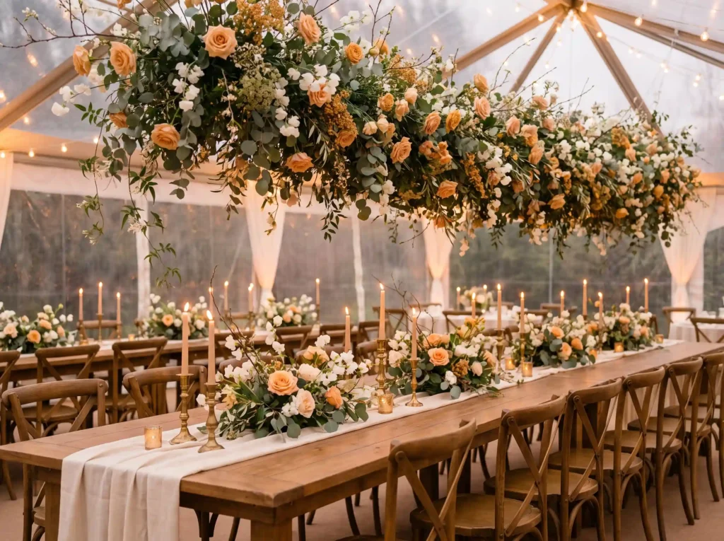 Family table beneath floral canopy K