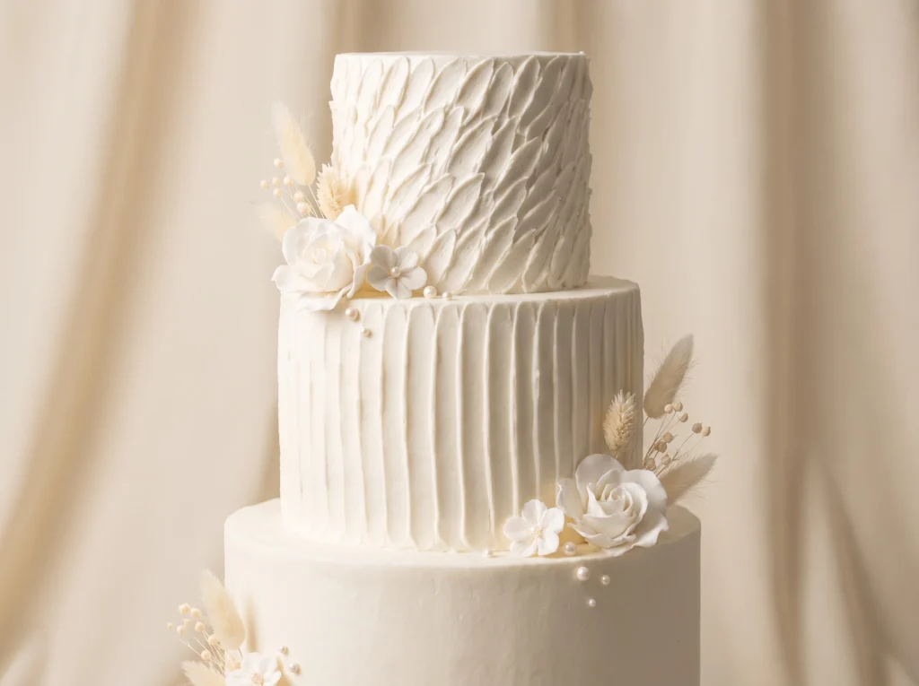 Textured white tiered wedding cake K