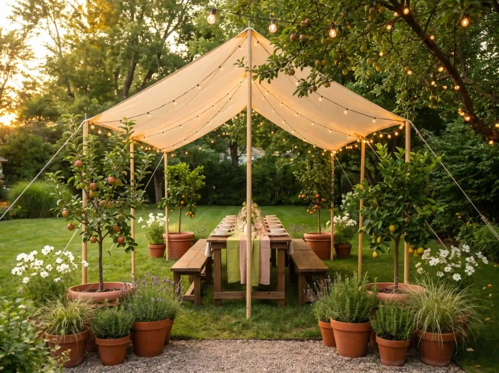 Potted orchard dinner tent setup K