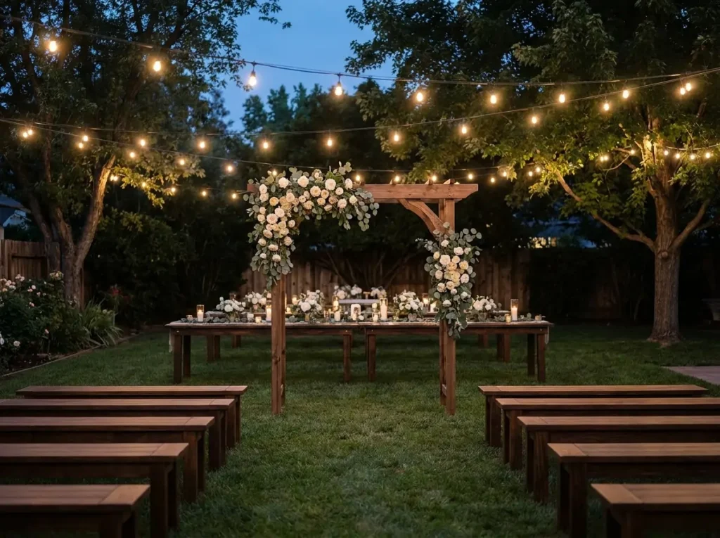 Backyard wedding ceremony setup
