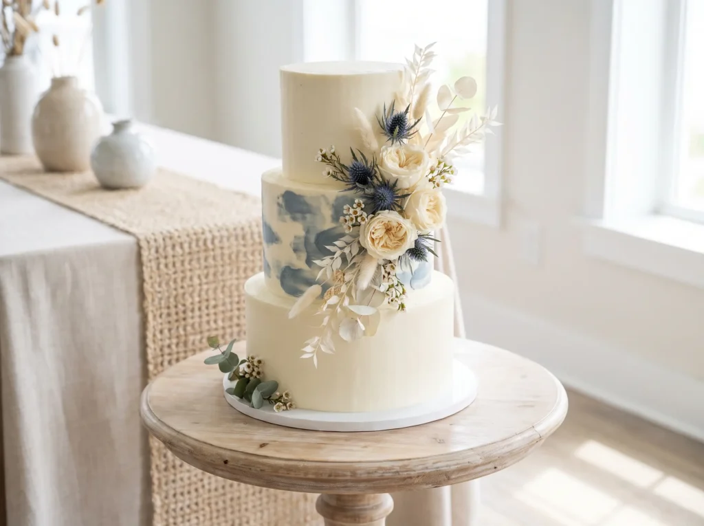 Ivory cake with blue flowers K