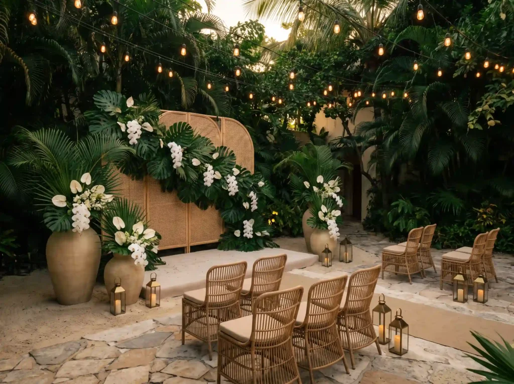 Tropical courtyard ceremony setup K