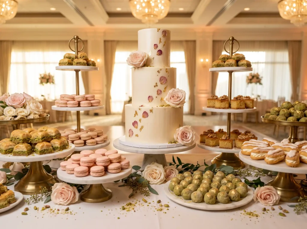 Dessert table displaying pastrie… K