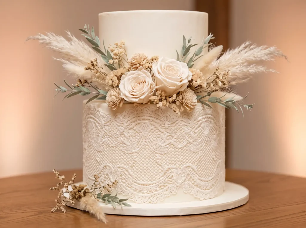 Ivory wedding cake with lace K