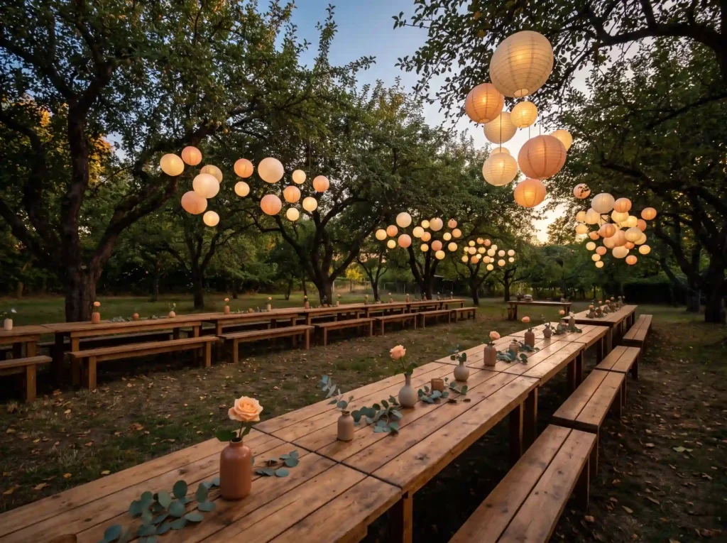 Paper lanterns hanging in orchard K