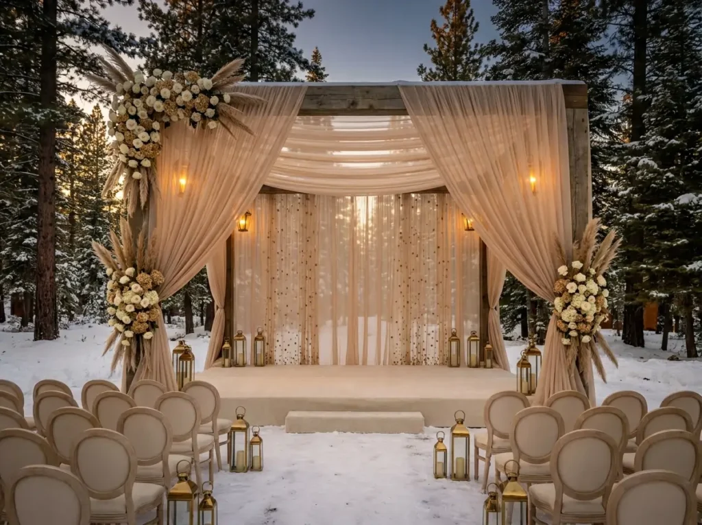 Champagne snow wedding chapel setup