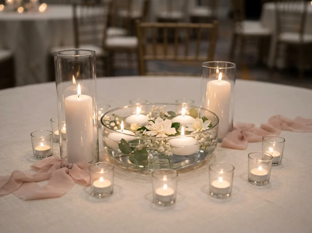 Floating candles wedding centerp…