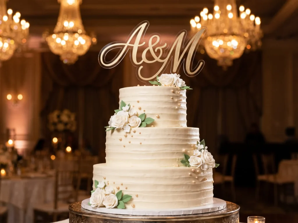 Ivory wedding cake with initials K