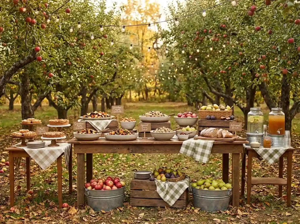 Orchard picnic buffet setup