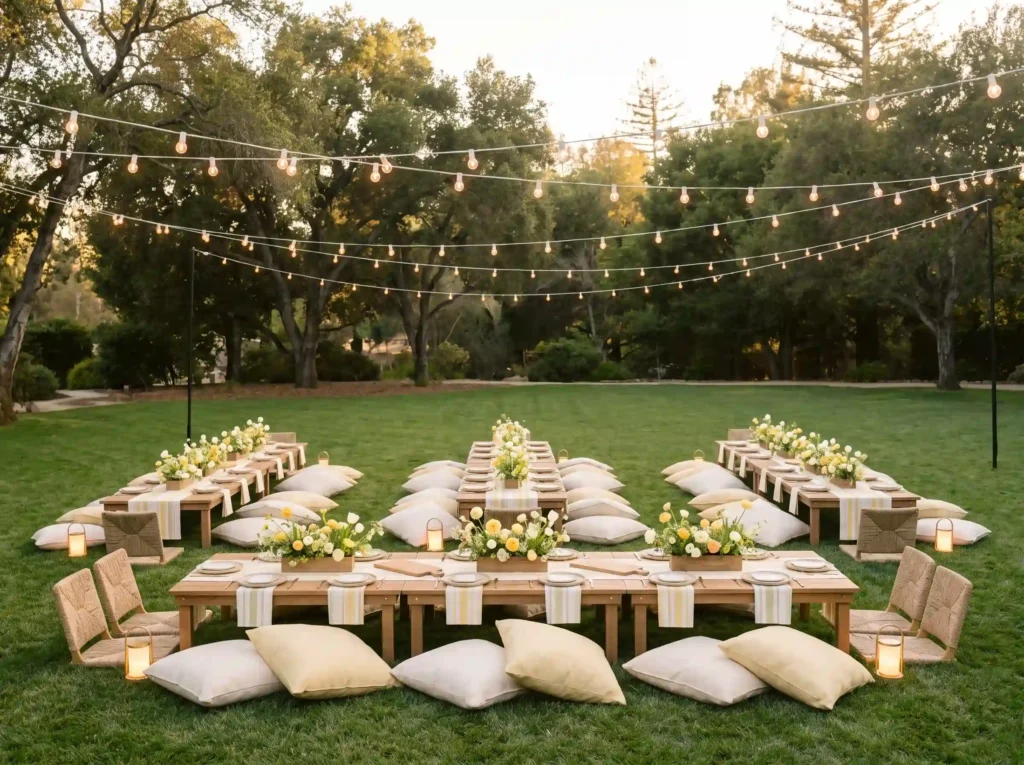 Picnic tables arranged on lawn K