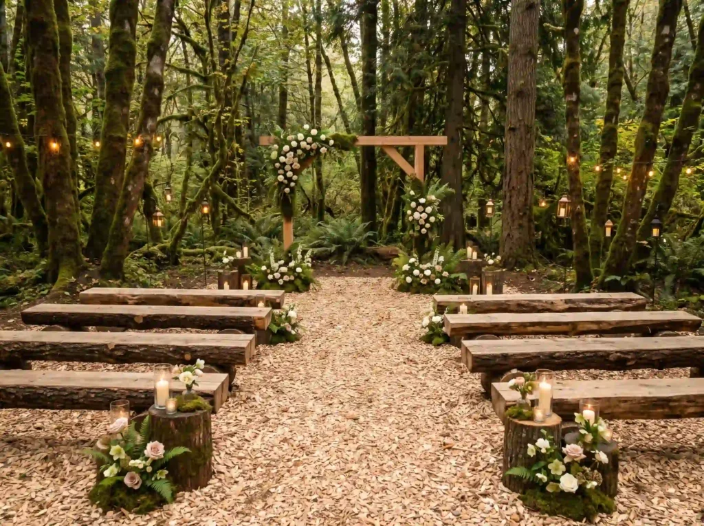 Rustic log bench woodland ceremony K