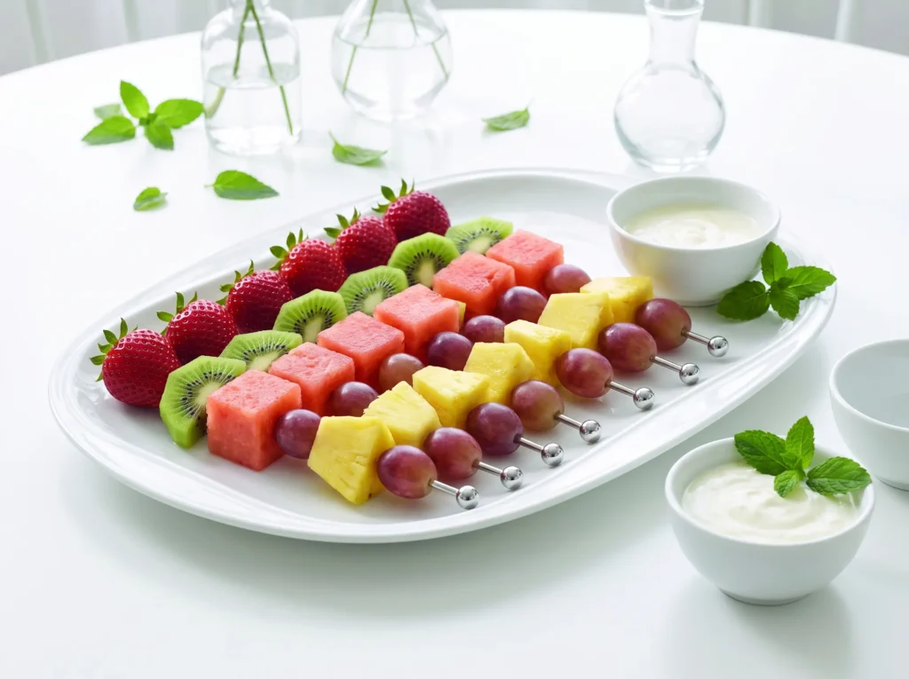 Jewel toned fruit skewers on pla… K