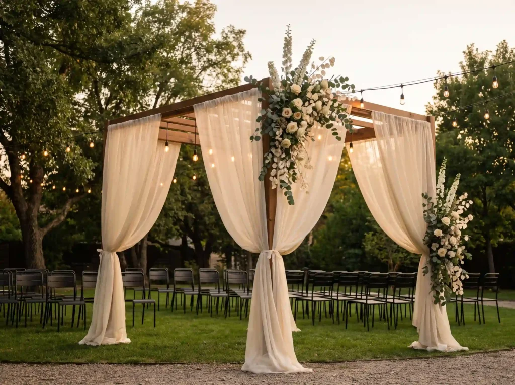Linen pergola ceremony altar setup K
