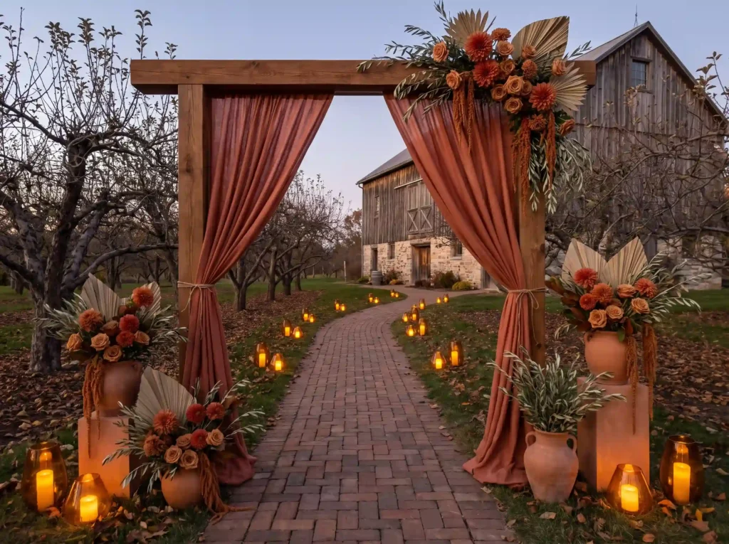 Terracotta orchard wedding arbor… K