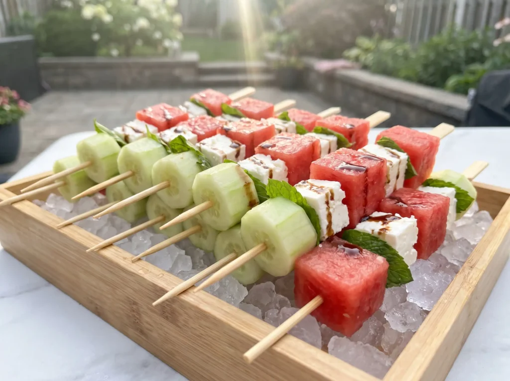 Watermelon feta skewers on ice K